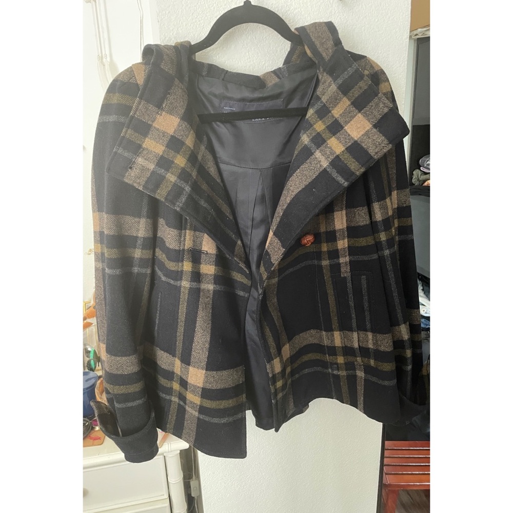 ZARA navy plaid hooded wool coat, size Small